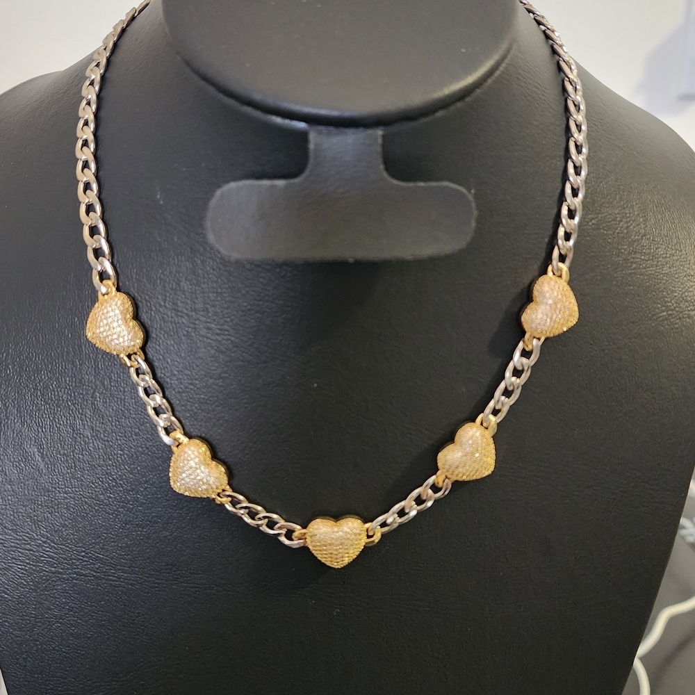 Pave Heart Link Necklace in Gold and Silver